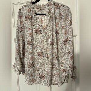LOFT White Blush & Taupe Paisley V-Neck Blouse